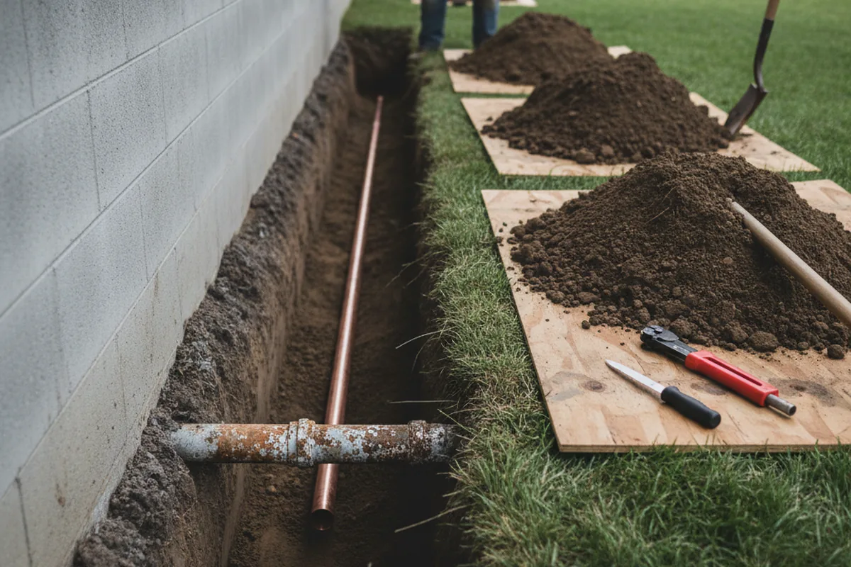 Excavated water line trench during Sewer Line Repair in Oglesby